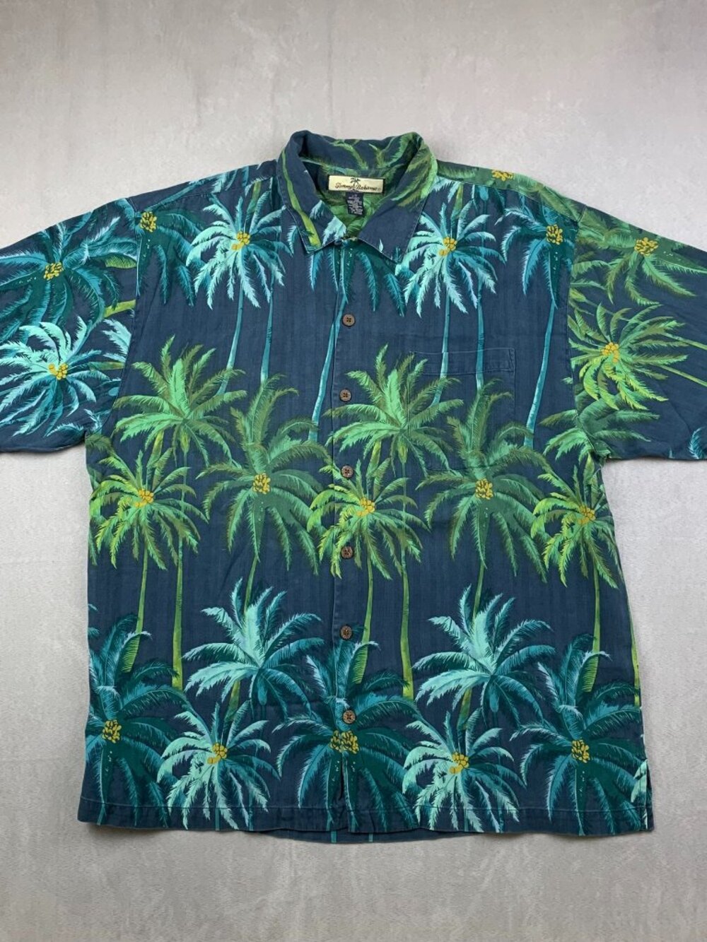 Tommy Bahama Mens Silk Camp Shirt Large Blue Green Floral Button Up Palm Trees